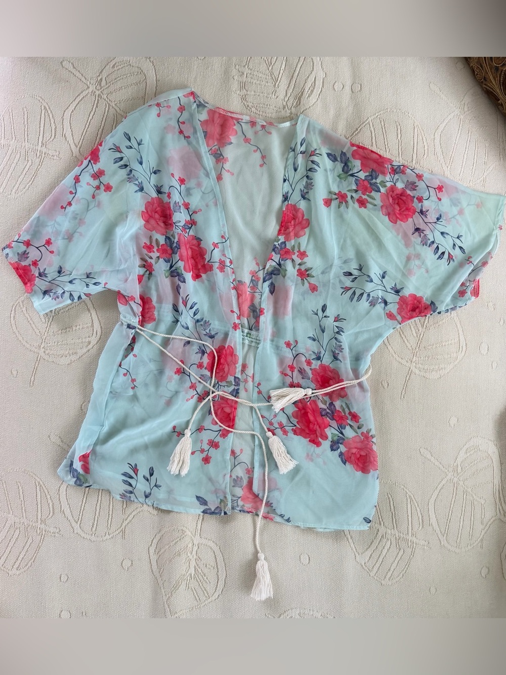 Light Blue Floral Sheer Kimono Cover-Up with Tassel Belt